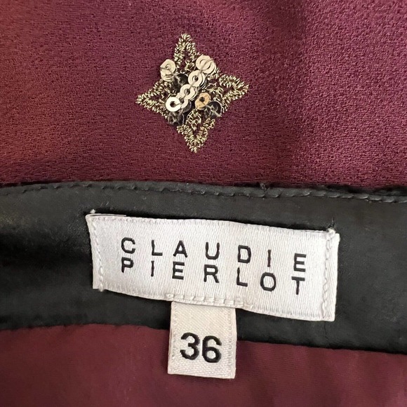 Claudie Pierlot Burgundy Chiffon Skirt with Gold Sequins Size 36 / US 6 - Picture 3 of 4